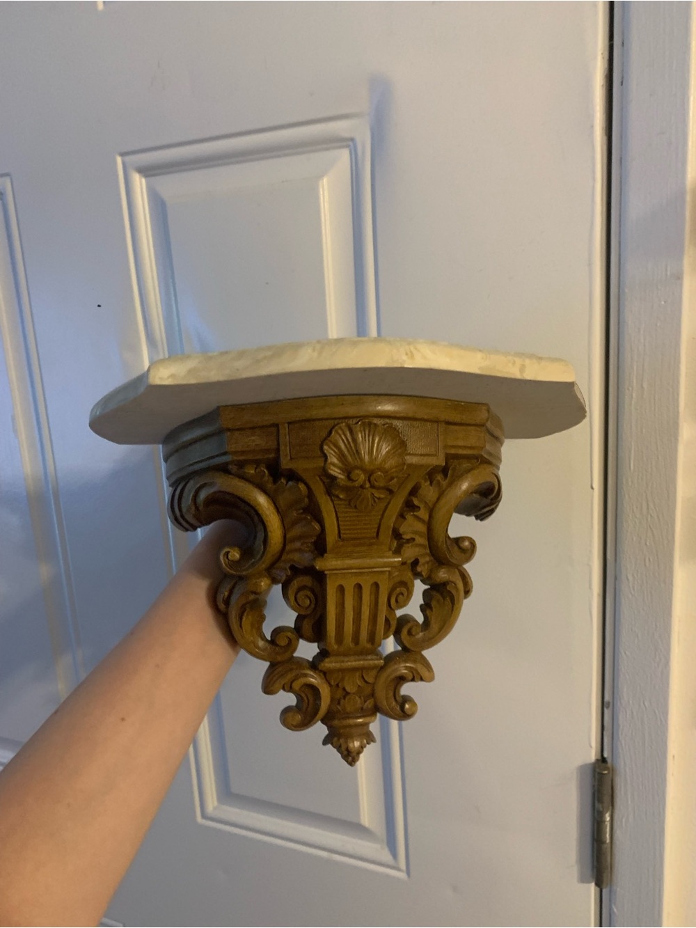 Vintage Neoclassical Wall  Shelf Faux Marble Top Fruitwood Tone wood carved Base